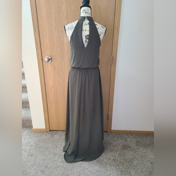 City Studio Olive Green Tie Waist High Neck Halter Keyhole High Low Dress - Picture 2 of 4